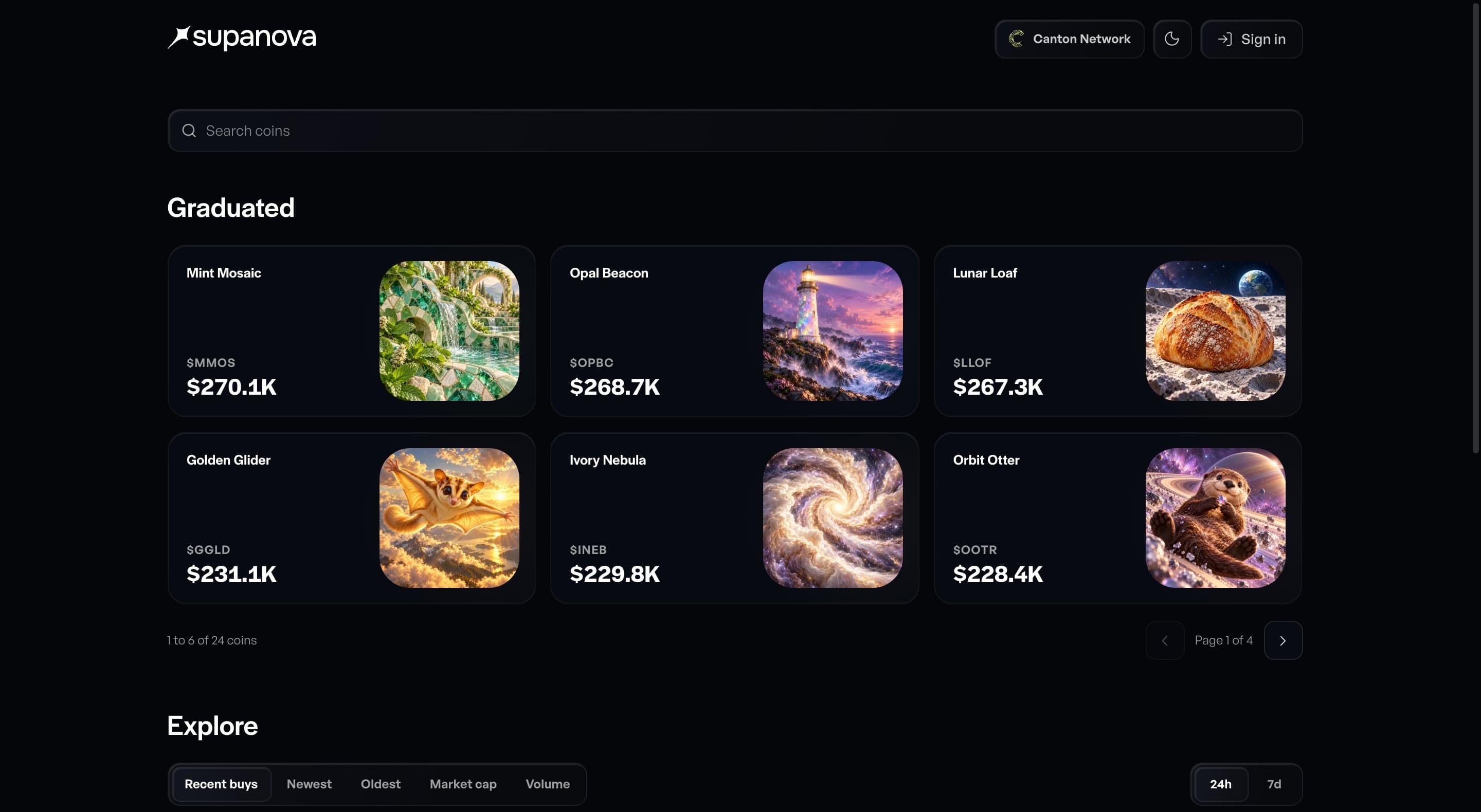 The supanova launchpad home: graduated coins with their artwork, tickers and market caps