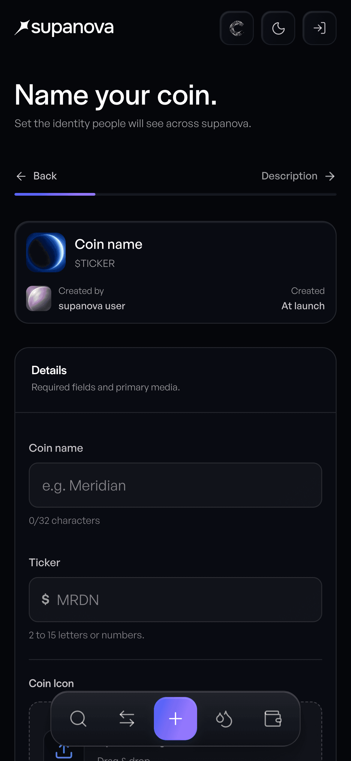 The supanova launchpad create flow on a phone